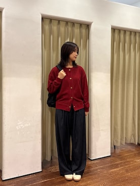 「URBAN RESEARCH（アーバンリサーチ）の『UR TECH SMOOTHLUXE』ウール混タックギャザーストレートパンツ（その他パンツ、ブルー系）」を使った、莉緒さん（レディース・163cm）の秋コーディネート