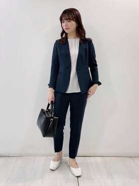 「INDIVI（インディヴィ）の【洗える/UVケア/接触冷感】ノーカラージャケット（スーツジャケット、ブルー系）」を使った、asaさん（レディース・154cm）の春コーディネート