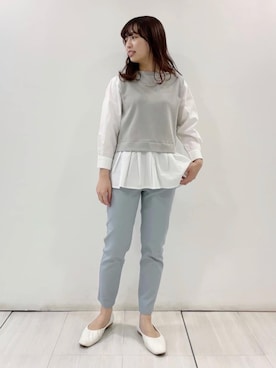 「INDIVI（インディヴィ）の【洗える】ベストレイヤード風コンビカットソー（Tシャツ/カットソー、ホワイト系）」を使った、asaさん（レディース・154cm）の冬コーディネート