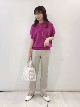 「INDIVI（インディヴィ）の【洗える/日本製/サマーニット】麻混ドルマンプルオーバー（ニット/セーター、ピンク系）」を使った、asaさん（レディース・154cm）の春コーディネート