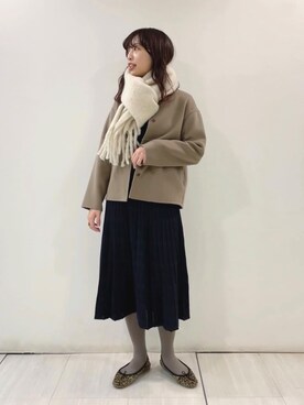 「INDIVI（インディヴィ）の【otonaMUSE 1月号掲載商品/ハミルトンウール】リバーノーカラーショートコート（ノーカラーコート、ベージュ系）」を使った、asaさん（レディース・154cm）の冬コーディネート