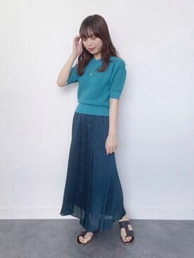 「INDIVI（インディヴィ）の【洗える/日本製/サマーニット】麻混Vネックプルオーバー（ニット/セーター、グリーン系）」を使った、asaさん（レディース・154cm）の春コーディネート