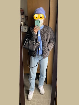 「ブルーコーデ」｜「アイテム（ニットキャップ/ビーニー）」を使った、ジュンコさん（レディース・156cm）の冬コーディネート