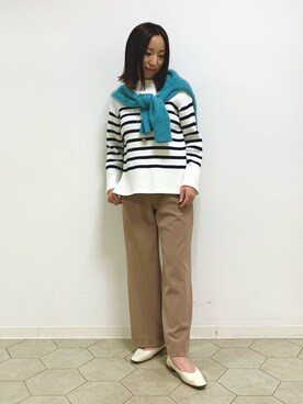 「INDIVI（インディヴィ）の◆【ボーダー/WEB限定カラー/洗える】ウォームコットン配色リブニット（ニット/セーター）」を使った、yurinaさん（レディース・153cm）の冬コーディネート