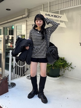 「Kastane（カスタネ）の【10.10(土)12:00発売】レースボーダールーズTEE（Tシャツ/カットソー、ブラック系）」を使った、Kastane officialさん（レディース・159cm）の秋コーディネート
