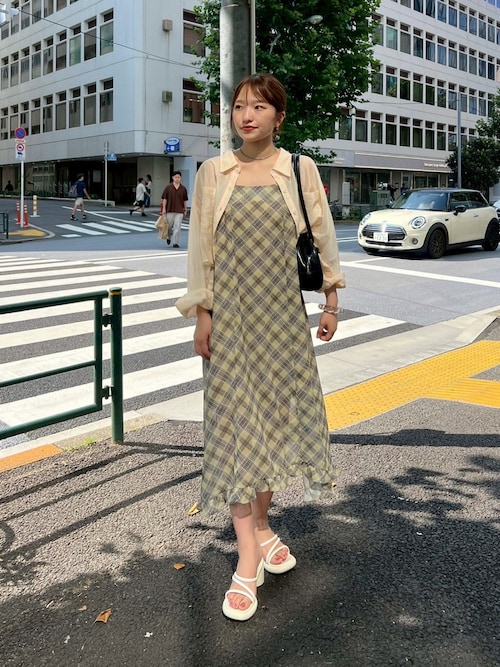 Kastane シアーチェックアシメワンピース 肩紐調節可/裏地付き】シアーチェックアシメワンピース