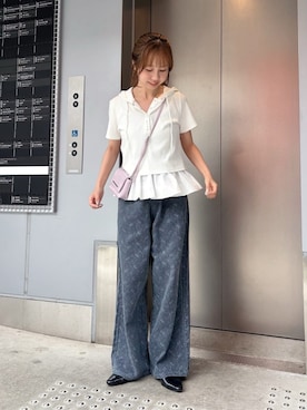 「Kastane（カスタネ）の【2サイズ展開/低身長サイズ】ワイドフラワーエンブロイダリーデニム（デニムパンツ、ブルー系）」を使った、Kastane officialさん（レディース・160cm）の春コーディネート