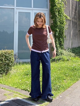 「Kastane（カスタネ）のB バイカラーヘンリーTOPS（Tシャツ/カットソー、ブラウン系）」を使った、Kastane officialさん（レディース・160cm）の夏コーディネート