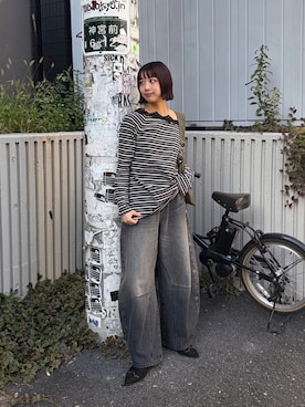 「Kastane（カスタネ）の【10.10(土)12:00発売】レースボーダールーズTEE（Tシャツ/カットソー、ブラック系）」を使った、Kastane officialさん（レディース・159cm）の秋コーディネート