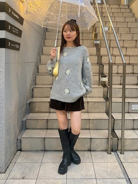 「Kastane（カスタネ）のフラワージャガードZIPニット（ニット/セーター、グレー系）」を使った、Kastane officialさん（レディース・161cm）の秋コーディネート