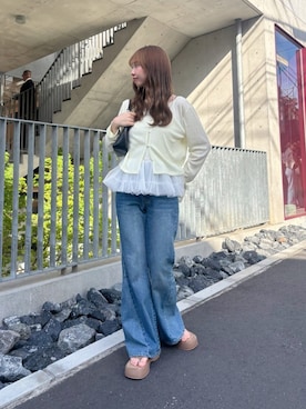 「Kastane（カスタネ）の【4色展開/前後2WAY】ラインストーンシアーカットソー（Tシャツ/カットソー、イエロー系）」を使った、Kastane officialさん（レディース・160cm）の春コーディネート