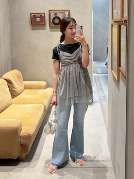 「Kastane（カスタネ）の【一部店舗限定】B かぎ針レースリブTEE（Tシャツ/カットソー、ブラック系）」を使った、Kastane officialさん（レディース・160cm）の夏コーディネート
