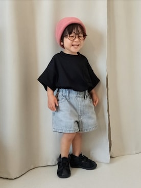 「GU（ジーユー）のcolor:12PINK（ニットキャップ/ビーニー、ピンク系）」を使った、REIさん（キッズ・80cm）の夏コーディネート