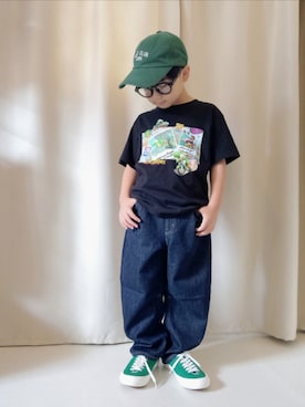 「GU（ジーユー）のアイテム（キャップ）」を使った、REIさん（キッズ・110cm）の秋コーディネート