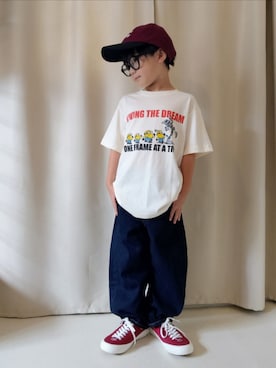 「GU（ジーユー）のアイテム（キャップ）」を使った、REIさん（キッズ・110cm）の秋コーディネート