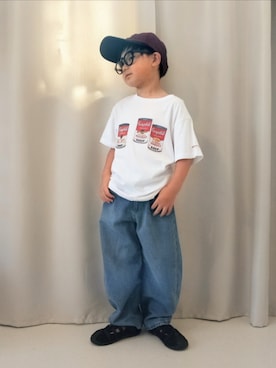 「GU（ジーユー）の ツイルロゴキャップ Harvard university（キャップ、レッド系）」を使った、REIさん（キッズ・80cm）の夏コーディネート