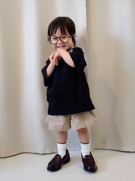 「西松屋（ニシマツヤ）の545円（メガネ、ブラウン系）」を使った、REIさん（キッズ・80cm）の夏コーディネート