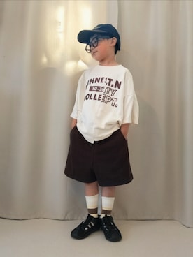 「しまむら（シマムラ）のアイテム（キャップ、ブラック系）」を使った、REIさん（キッズ・80cm）の夏コーディネート
