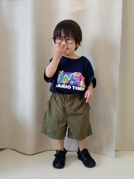 「西松屋（ニシマツヤ）の545円（メガネ、ブラウン系）」を使った、REIさん（キッズ・80cm）の夏コーディネート