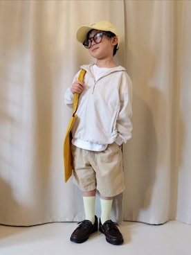 「GU（ジーユー）のアイテム（キャップ、イエロー系）」を使った、REIさん（キッズ・80cm）の夏コーディネート