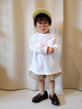 「GU（ジーユー）のアイテム（キャップ、イエロー系）」を使った、REIさん（キッズ・80cm）の春コーディネート