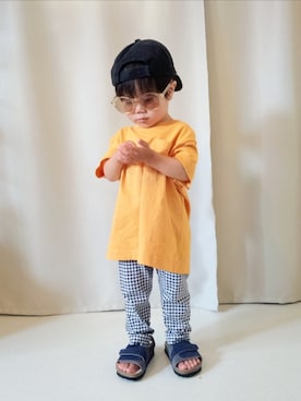 「DAISO（DAISO）の220円（キャップ、ブラック系）」を使った、REIさん（キッズ・80cm）の夏コーディネート