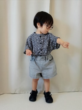 「西松屋（ニシマツヤ）の545円（メガネ、ブラウン系）」を使った、REIさん（キッズ・80cm）の夏コーディネート