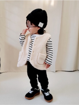 「アイテム（ニットキャップ/ビーニー）」を使った、REIさん（キッズ・70cm）の冬コーディネート
