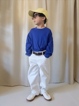 「GU（ジーユー）のアイテム（キャップ、イエロー系）」を使った、REIさん（キッズ・80cm）の夏コーディネート