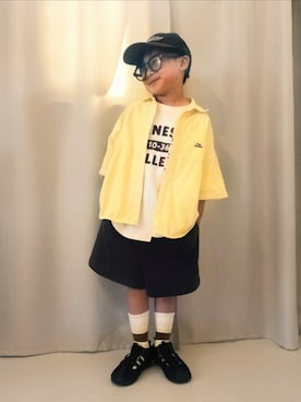 「しまむら（シマムラ）のアイテム（キャップ、ブラック系）」を使った、REIさん（キッズ・80cm）の夏コーディネート