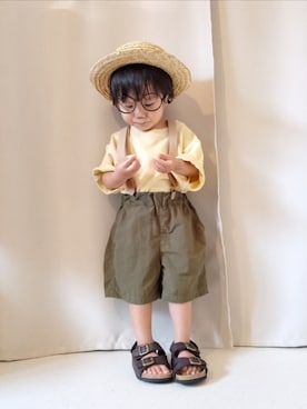 「西松屋（ニシマツヤ）のsale438円（ハット、ベージュ系）」を使った、REIさん（キッズ・80cm）の夏コーディネート