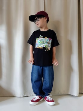 「アイテム（帽子、レッド系）」を使った、REIさん（キッズ・110cm）の秋コーディネート