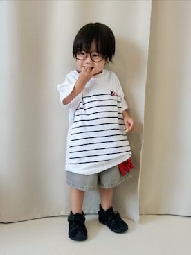 「西松屋（ニシマツヤ）の545円（メガネ、ブラウン系）」を使った、REIさん（キッズ・80cm）の夏コーディネート