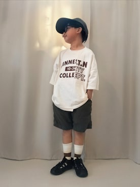 「しまむら（シマムラ）のアイテム（キャップ、グリーン系）」を使った、REIさん（キッズ・80cm）の夏コーディネート