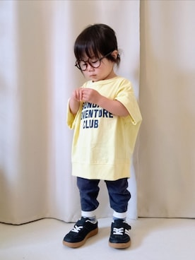 「西松屋（ニシマツヤ）の545円（メガネ、ブラウン系）」を使った、REIさん（キッズ・80cm）の夏コーディネート