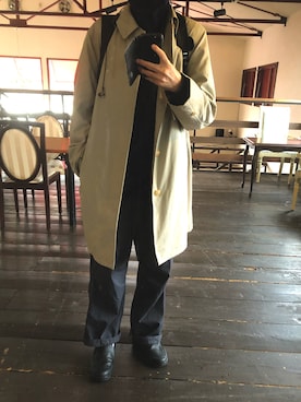 「アイテム（ノーカラーコート、ベージュ系）」を使った、masato1199さん（メンズ・175cm）の冬コーディネート