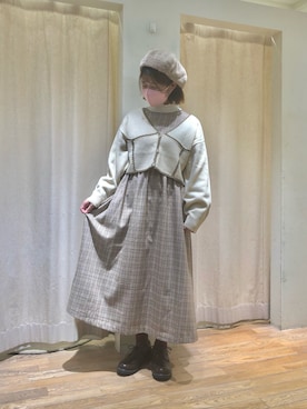 「チェックワンピース」｜「アイテム（ハンチング/ベレー帽）」を使った、きしもとさん（レディース・155cm）の秋コーディネート