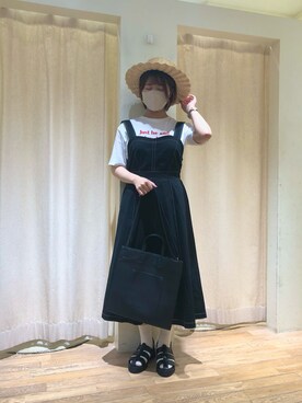 「カンカン帽」｜「アイテム（ジャンパースカート）」を使った、きしもとさん（レディース・155cm）の春コーディネート