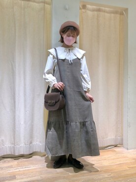 「チェックワンピース」｜「アイテム（ハンチング/ベレー帽）」を使った、きしもとさん（レディース・155cm）の秋コーディネート