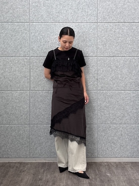 「GALLEST（ギャレスト）のフレンチブルTシャツ（Tシャツ/カットソー、ブラック系）」を使った、AYANOさん（レディース・160cm）の夏コーディネート