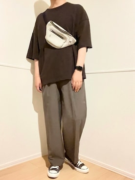 「ブラウンコーデ」｜「アイテム（ボディバッグ/ウエストポーチ）」を使った、えくら｜低身長コーデさん（メンズ・166cm）の夏コーディネート
