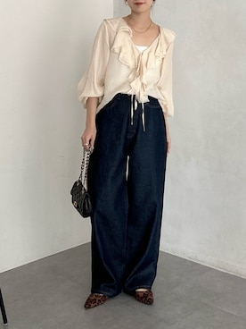 「DouDou（ドゥドゥ）のキュプラフリルブラウス（シャツ/ブラウス）」を使った、doudoureiさん（レディース・164cm）の秋コーディネート