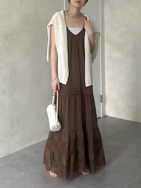 「DouDou（ドゥドゥ）のレース切替キャミワンピース（ワンピース、ブラウン系）」を使った、doudoureiさん（レディース・164cm）の春コーディネート