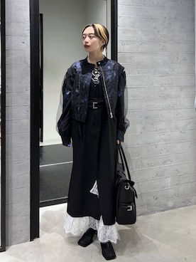 「HARE（ハレ）のレースチュールヒールブーツ(HARE)（ブーツ、ブラック系）」を使った、オガちゃんさん（レディース・154cm）の春コーディネート