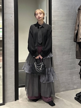 「HARE（ハレ）のネクタイネックレス(HARE)（ネクタイ、ブラック系）」を使った、オガちゃんさん（レディース・154cm）の春コーディネート