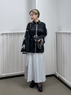 「HARE（ハレ）のシアージャガードプリーツスカート(HARE)（スカート、グレー系）」を使った、オガちゃんさん（レディース・154cm）の春コーディネート