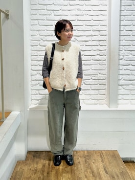 「CANAL JEAN（キャナルジーン）のEl mar　トグルボタンニットベスト（ベスト、ベージュ系）」を使った、わまさん（レディース・157cm）の秋コーディネート