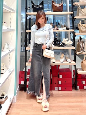 「ORiental TRaffic（オリエンタルトラフィック）のシアー リボン × パール 厚底 サンダル /61210（サンダル、ベージュ系）」を使った、あおいさんの春コーディネート