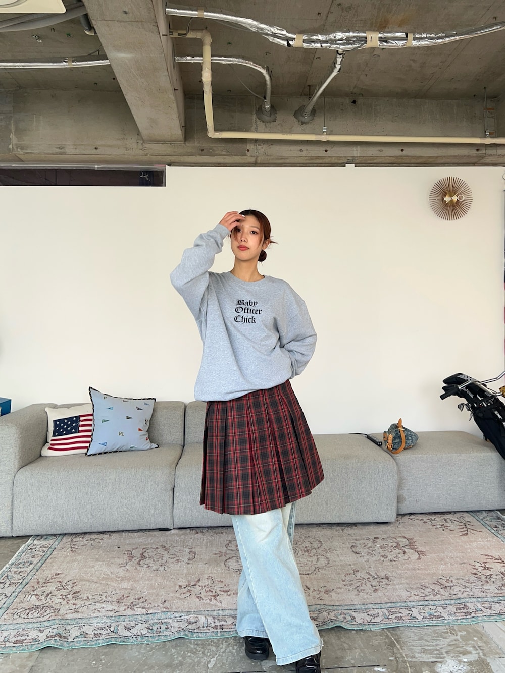 Check Pleats Skirt with Belt / チェック柄 プリーツスカート ミドル