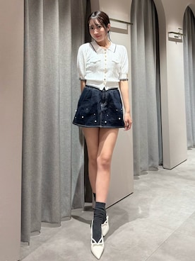 「dazzlin（ダズリン）の【POLO BCSコラボ】メタルボタンカーデニットトップス（ニット/セーター、ホワイト系）」を使った、yunaさん（レディース・161cm）の春コーディネート